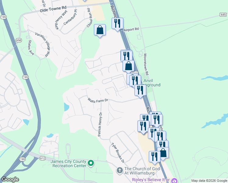 map of restaurants, bars, coffee shops, grocery stores, and more near 1803 Westgate Circle in Williamsburg