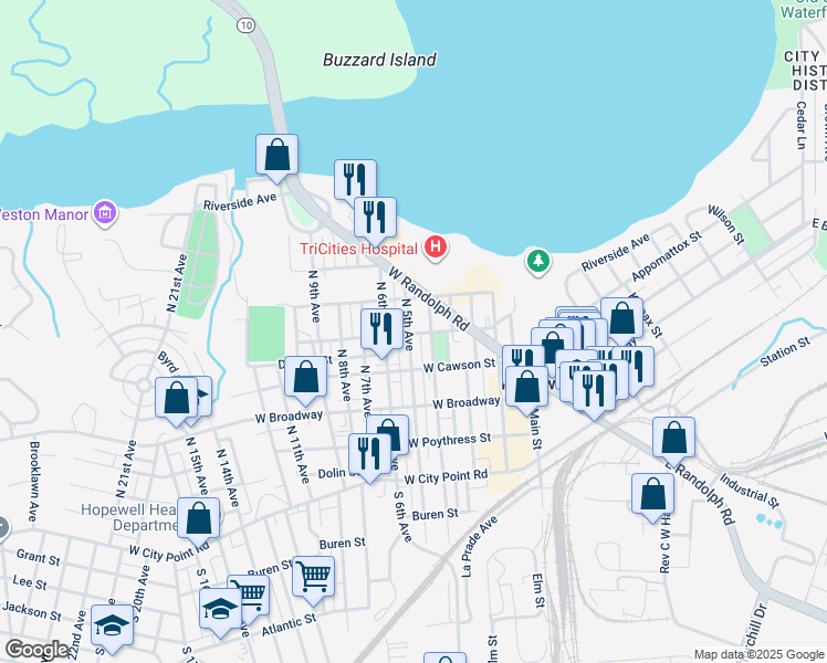 map of restaurants, bars, coffee shops, grocery stores, and more near 507 North 5th Avenue in Hopewell