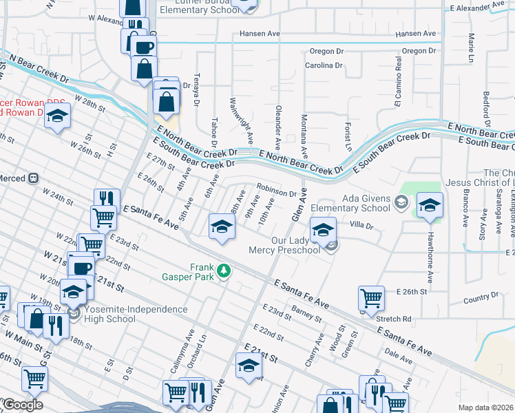map of restaurants, bars, coffee shops, grocery stores, and more near 2714 8th Avenue in Merced