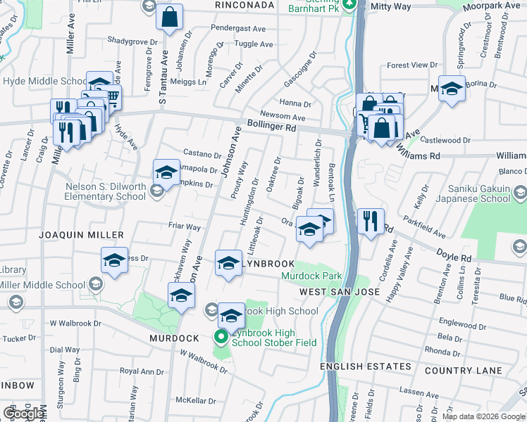 map of restaurants, bars, coffee shops, grocery stores, and more near 1064 Oaktree Drive in San Jose