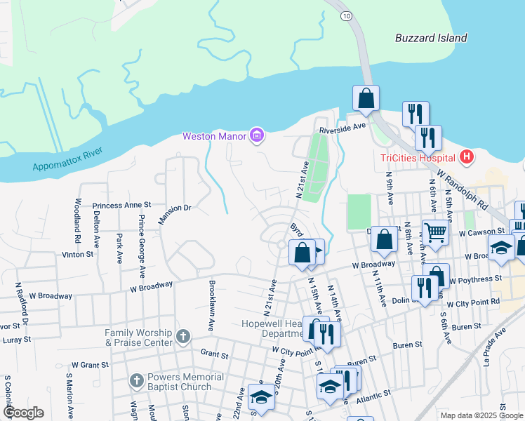 map of restaurants, bars, coffee shops, grocery stores, and more near 316 Woodbine Street in Hopewell
