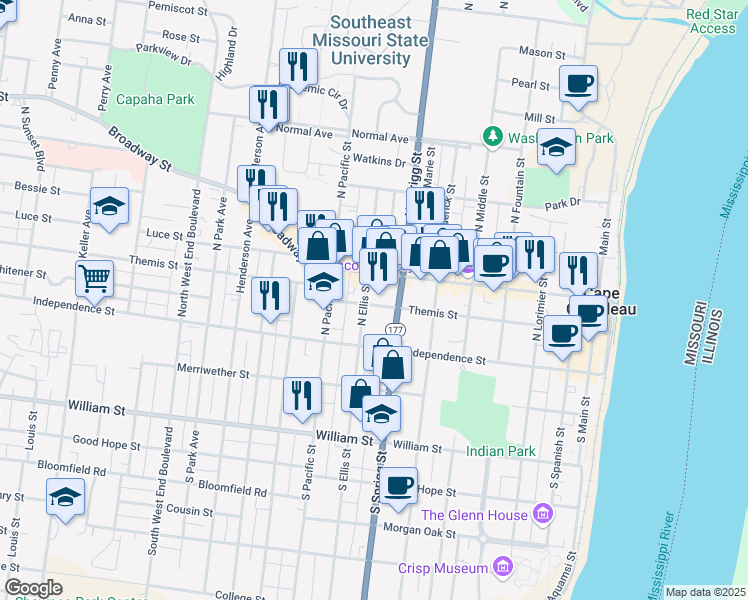 map of restaurants, bars, coffee shops, grocery stores, and more near 724 Themis Street in Cape Girardeau