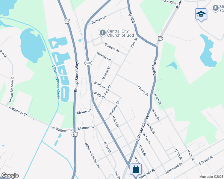 map of restaurants, bars, coffee shops, grocery stores, and more near 501 Park Street in Central City