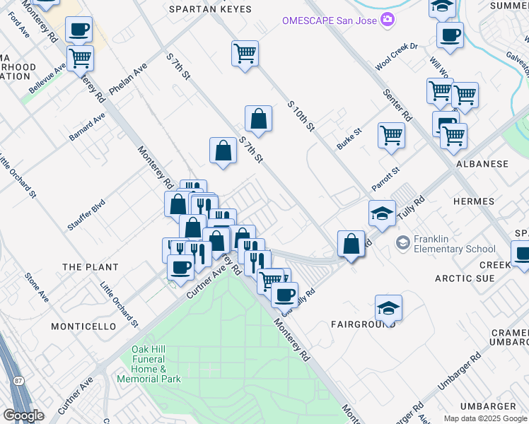 map of restaurants, bars, coffee shops, grocery stores, and more near 2150 Monterey Highway in San Jose