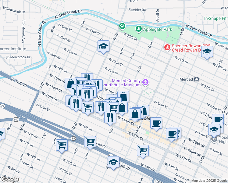 map of restaurants, bars, coffee shops, grocery stores, and more near 909 West 19th Street in Merced