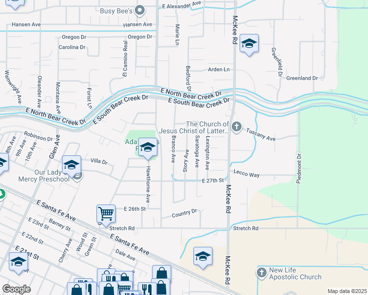 map of restaurants, bars, coffee shops, grocery stores, and more near 1883 Valley Forge Avenue in Merced