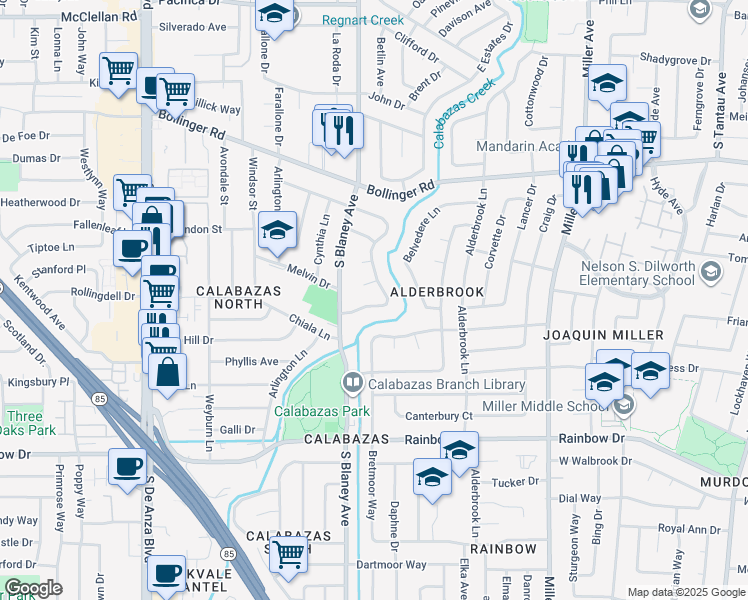 map of restaurants, bars, coffee shops, grocery stores, and more near 6729 Michele Way in San Jose