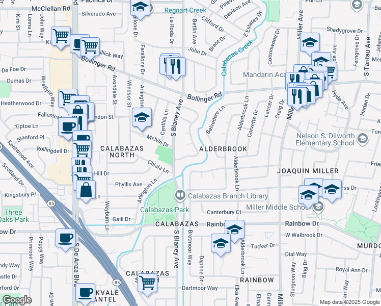 map of restaurants, bars, coffee shops, grocery stores, and more near 6729 Michele Way in San Jose
