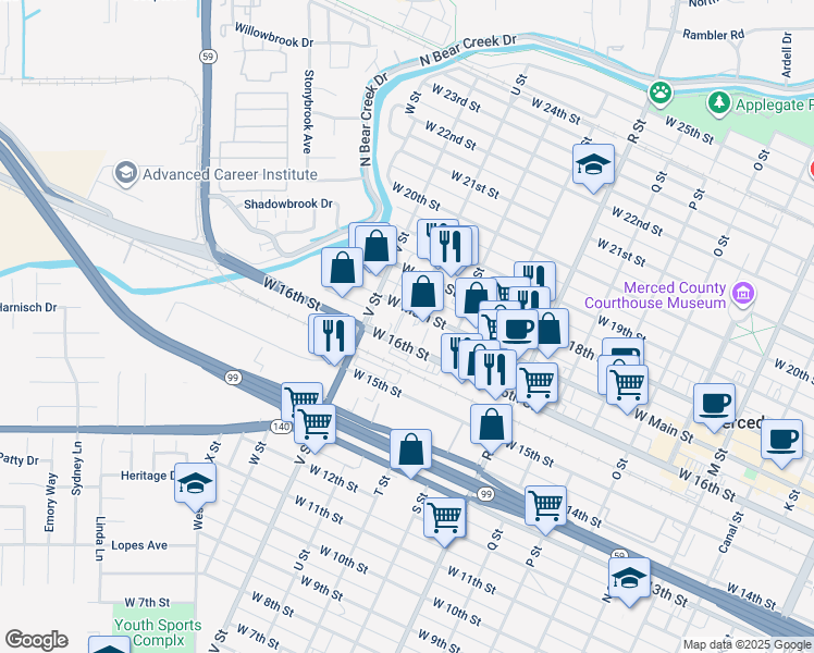 map of restaurants, bars, coffee shops, grocery stores, and more near 1359 W Main St in Merced