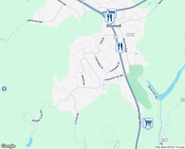 map of restaurants, bars, coffee shops, grocery stores, and more near Horizen Street in Bluefield