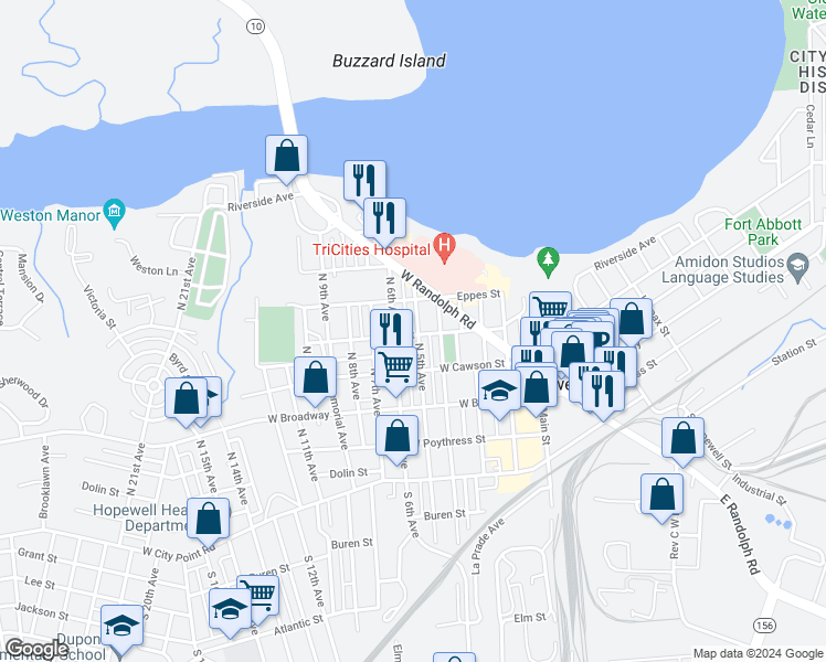 map of restaurants, bars, coffee shops, grocery stores, and more near 500 North 5th Avenue in Hopewell