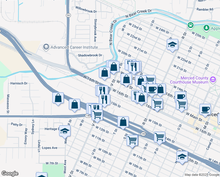map of restaurants, bars, coffee shops, grocery stores, and more near State Highway 59 in Merced
