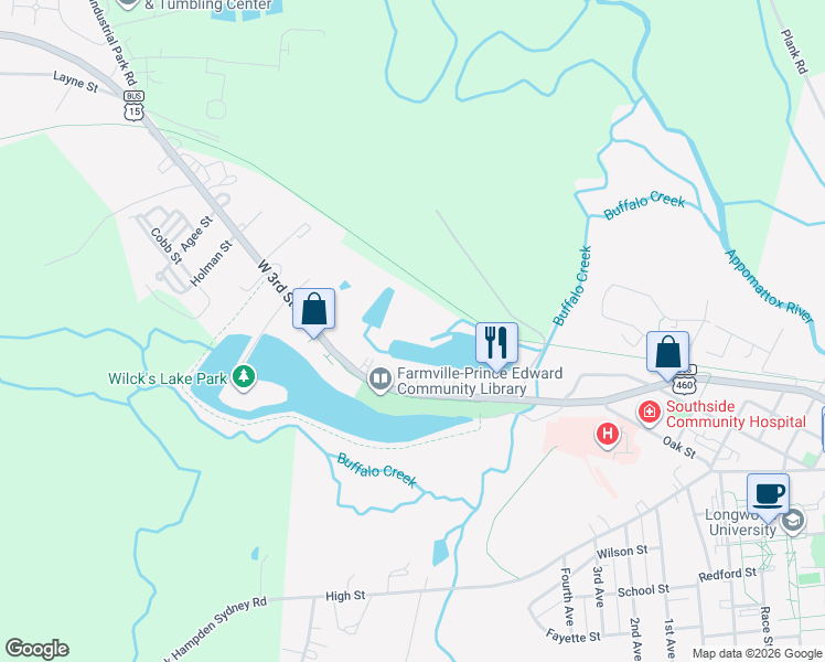 map of restaurants, bars, coffee shops, grocery stores, and more near in Farmville