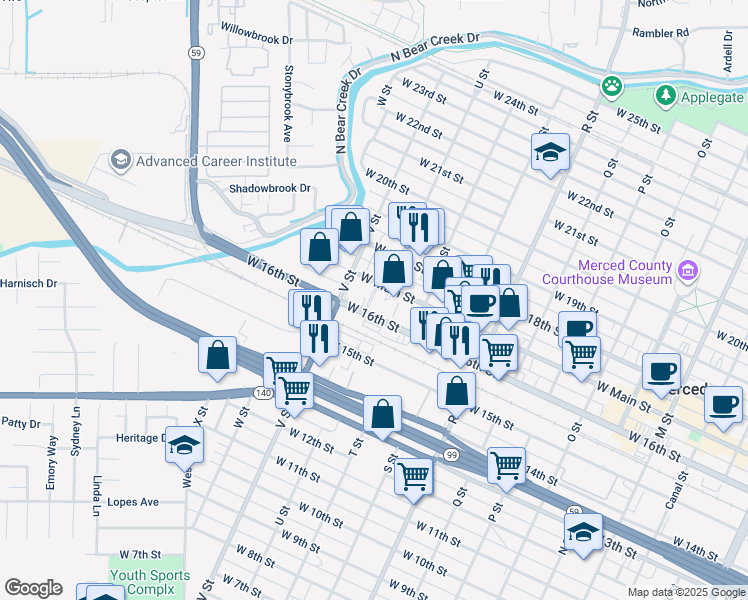 map of restaurants, bars, coffee shops, grocery stores, and more near 1450 West Main Street in Merced