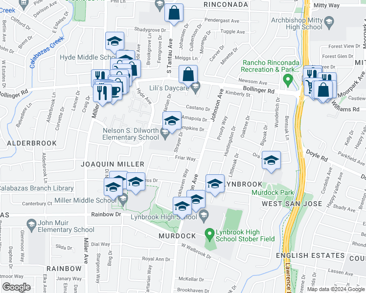 map of restaurants, bars, coffee shops, grocery stores, and more near 1092 Strayer Drive in San Jose