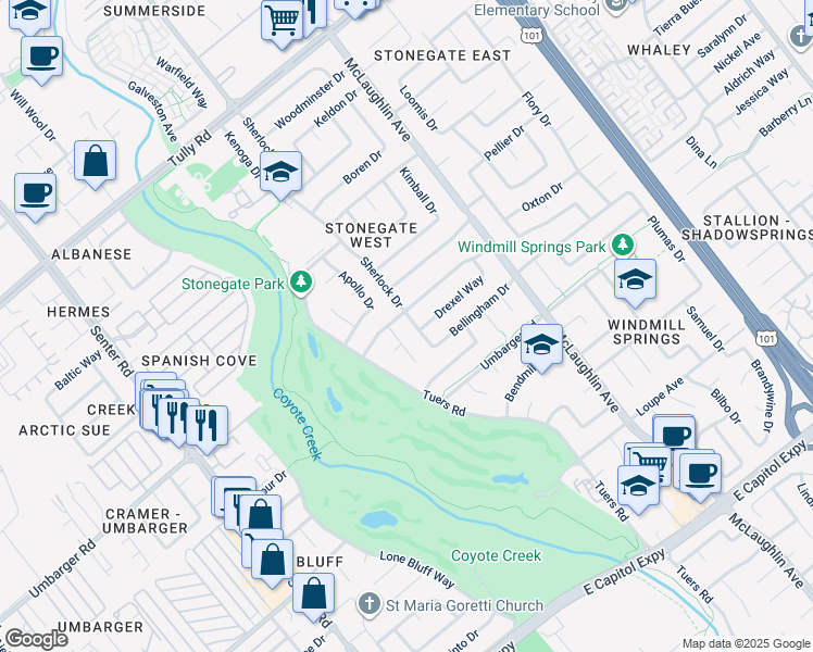 map of restaurants, bars, coffee shops, grocery stores, and more near 1012 Cheswick Drive in San Jose