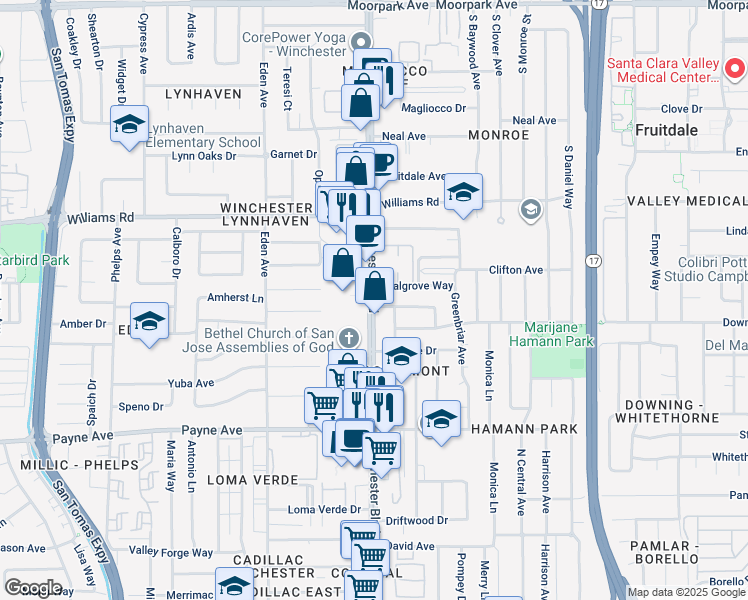 map of restaurants, bars, coffee shops, grocery stores, and more near 1116 S Winchester Blvd in San Jose