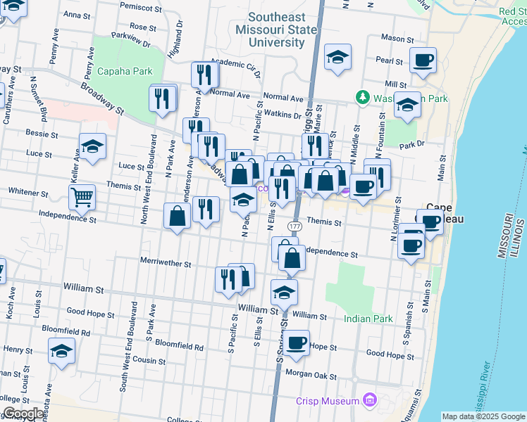 map of restaurants, bars, coffee shops, grocery stores, and more near 816 Themis Street in Cape Girardeau