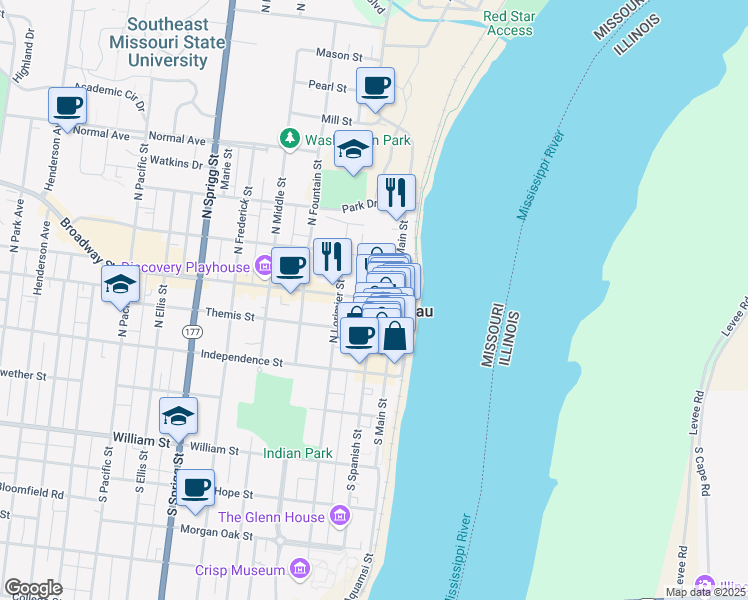 map of restaurants, bars, coffee shops, grocery stores, and more near 235 North Spanish Street in Cape Girardeau