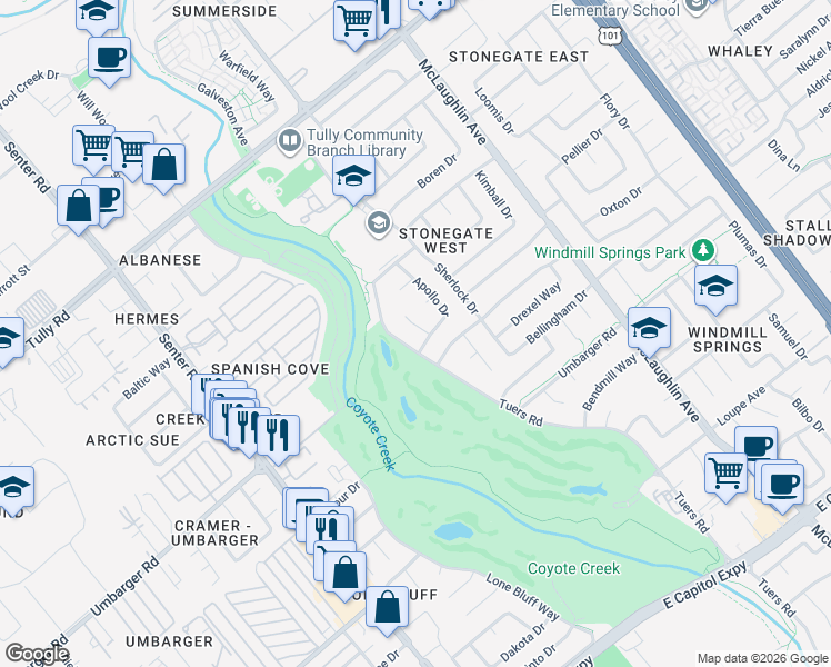 map of restaurants, bars, coffee shops, grocery stores, and more near 2676 Larch Court in San Jose