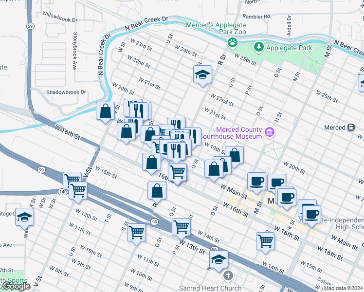 map of restaurants, bars, coffee shops, grocery stores, and more near 1810 R Street in Merced