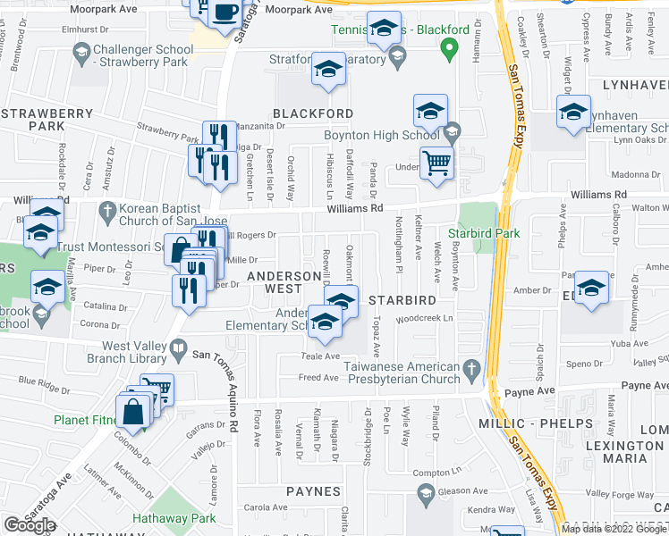 map of restaurants, bars, coffee shops, grocery stores, and more near 1075 Roewill Drive in San Jose