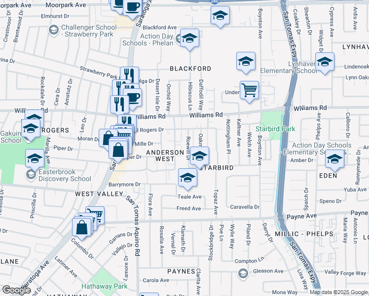 map of restaurants, bars, coffee shops, grocery stores, and more near 1075 Roewill Drive in San Jose