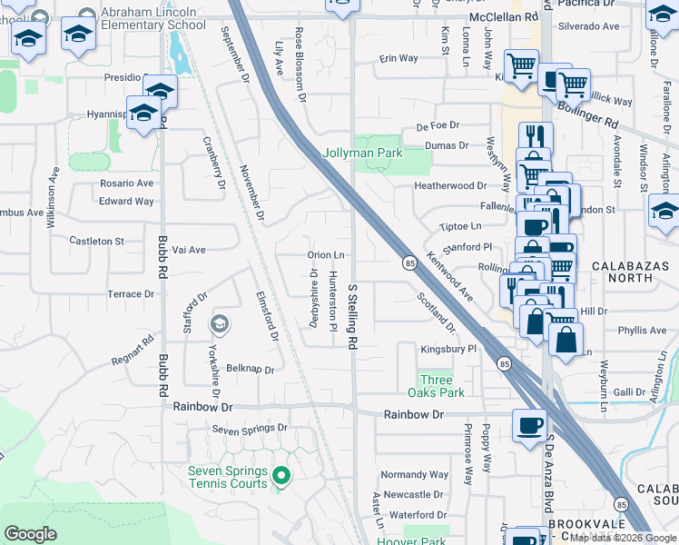 map of restaurants, bars, coffee shops, grocery stores, and more near 1083 South Stelling Road in Cupertino