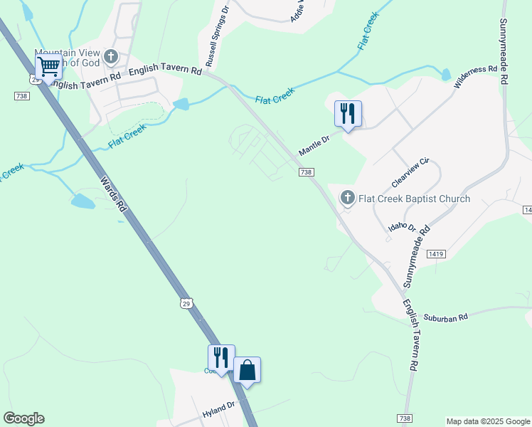 map of restaurants, bars, coffee shops, grocery stores, and more near 1690 English Tavern Road in Lynchburg