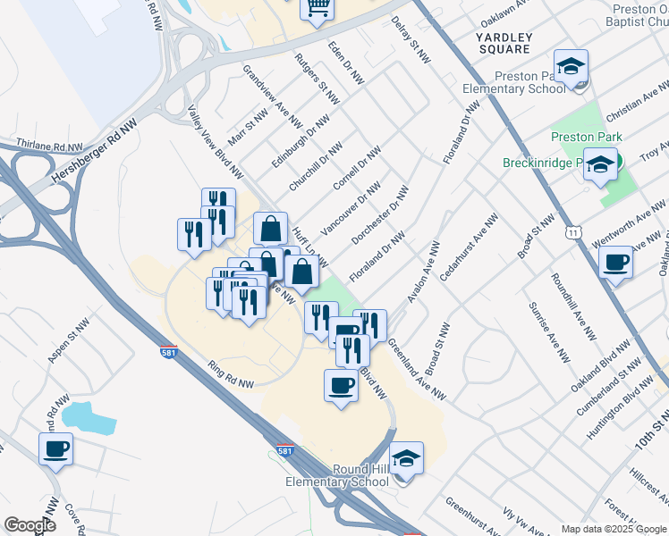 map of restaurants, bars, coffee shops, grocery stores, and more near 2414 Dorchester Drive Northwest in Roanoke