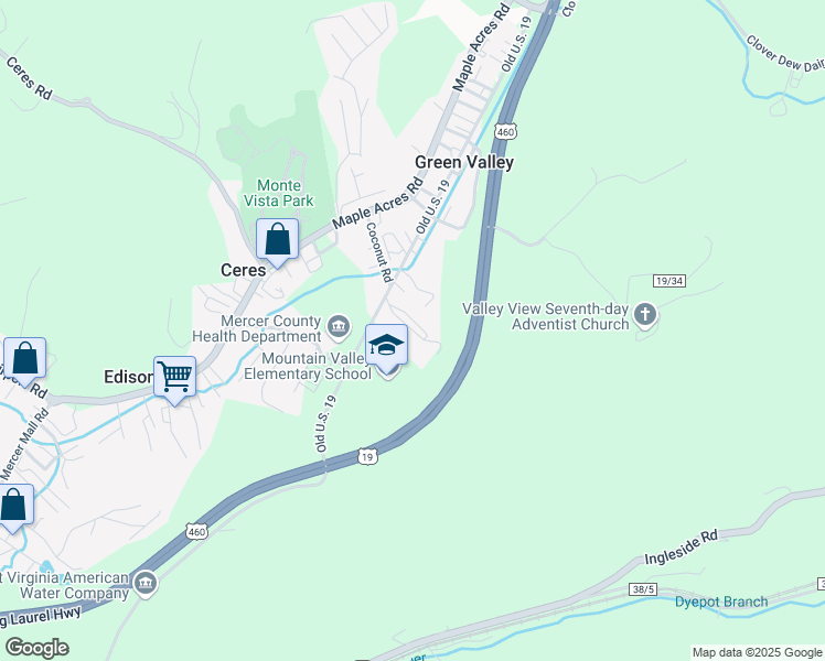 map of restaurants, bars, coffee shops, grocery stores, and more near 171 Lofty Street in Bluefield
