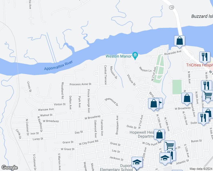 map of restaurants, bars, coffee shops, grocery stores, and more near 707 Mansion Drive in Hopewell