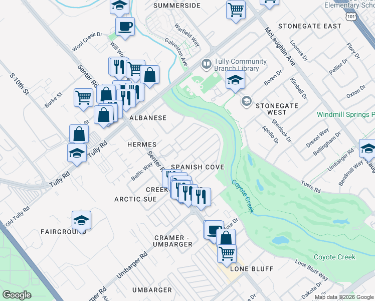 map of restaurants, bars, coffee shops, grocery stores, and more near 2580 Senter Road in San Jose