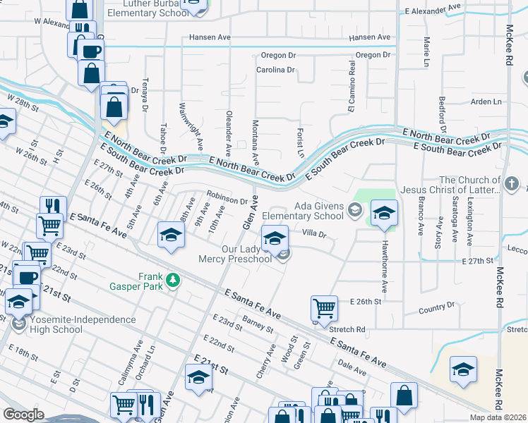 map of restaurants, bars, coffee shops, grocery stores, and more near 1145 Agnes Way in Merced