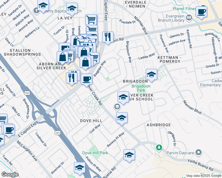 map of restaurants, bars, coffee shops, grocery stores, and more near 1808 Loch Ness Way in San Jose