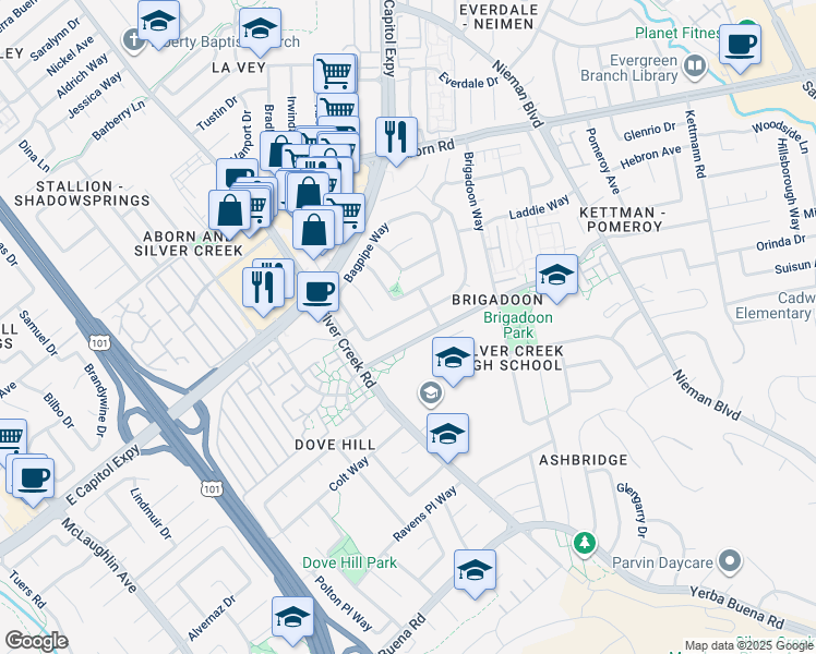 map of restaurants, bars, coffee shops, grocery stores, and more near 1808 Loch Ness Way in San Jose