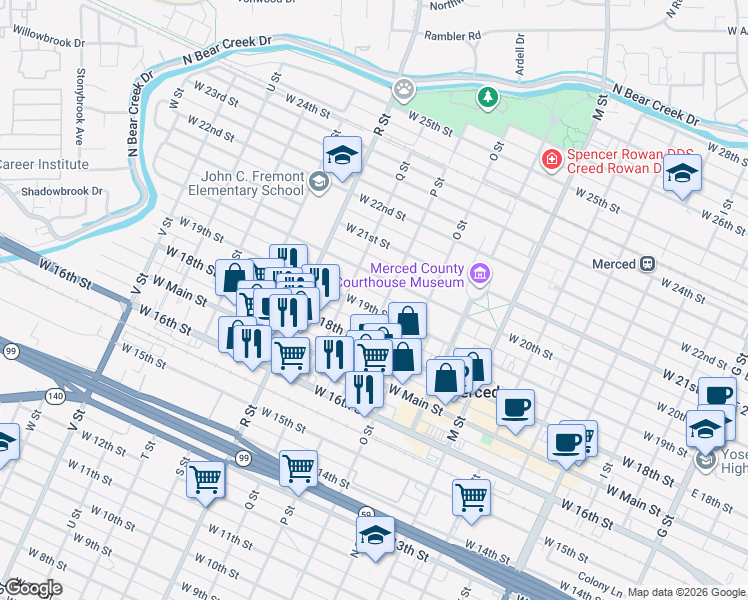 map of restaurants, bars, coffee shops, grocery stores, and more near 1920 Q Street in Merced