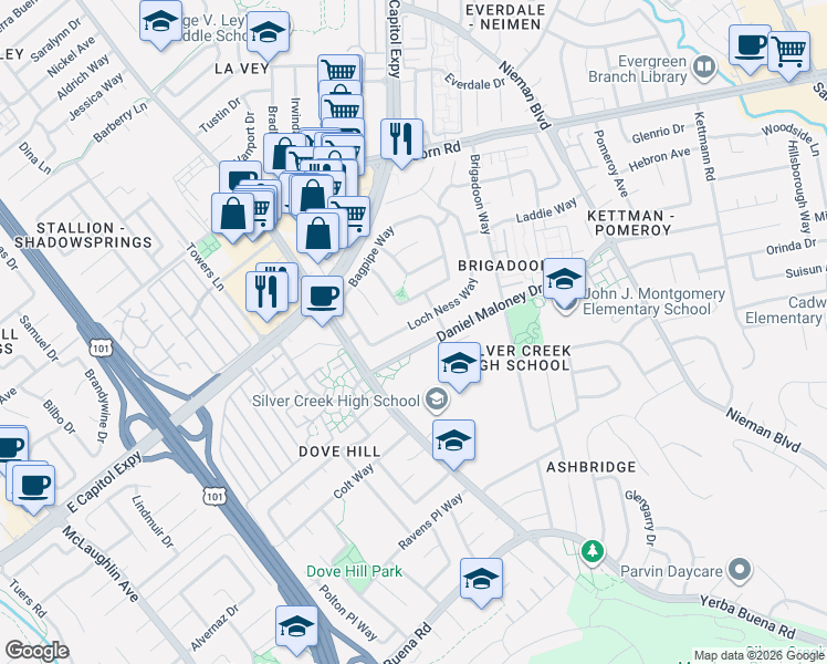 map of restaurants, bars, coffee shops, grocery stores, and more near 1808 Loch Ness Way in San Jose