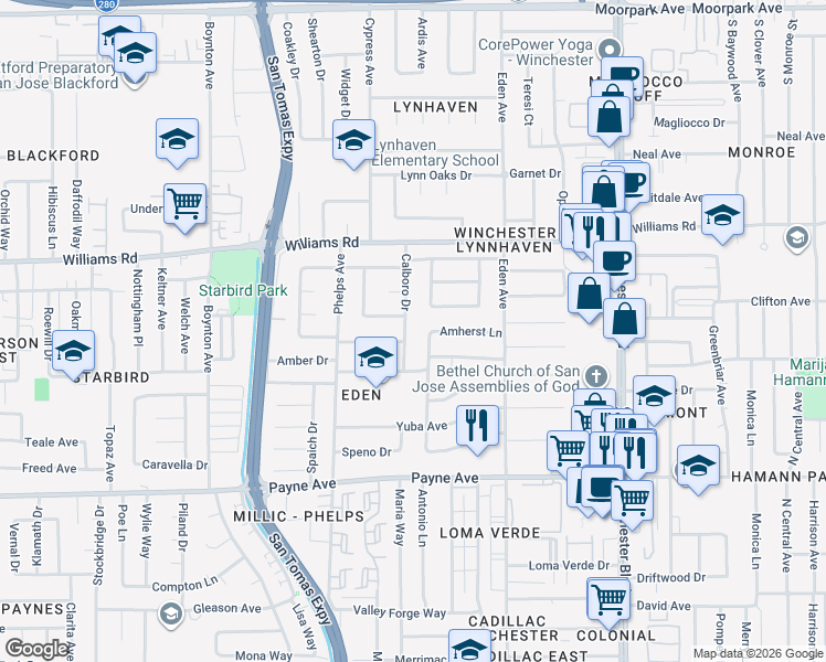 map of restaurants, bars, coffee shops, grocery stores, and more near 1126 Savannah Drive in San Jose
