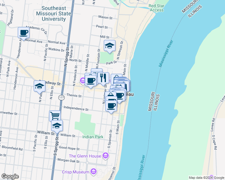 map of restaurants, bars, coffee shops, grocery stores, and more near 232 Broadway Street in Cape Girardeau