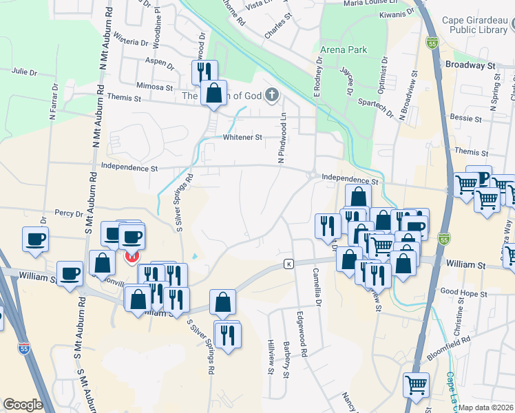 map of restaurants, bars, coffee shops, grocery stores, and more near 15 South Pindwood Lane in Cape Girardeau
