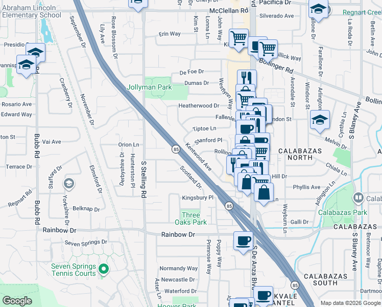 map of restaurants, bars, coffee shops, grocery stores, and more near 1105 Kentwood Avenue in Cupertino