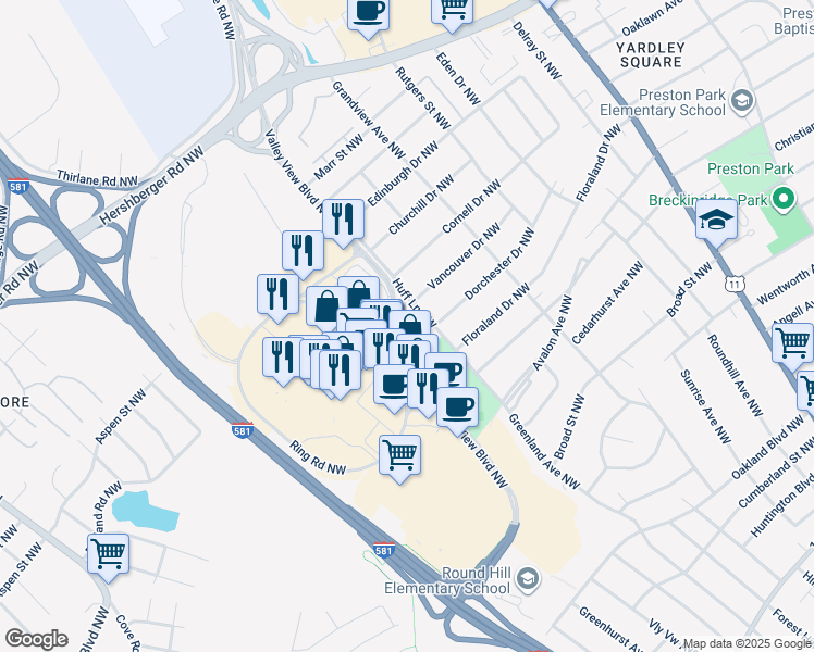 map of restaurants, bars, coffee shops, grocery stores, and more near 4412 Huff Lane Northwest in Roanoke