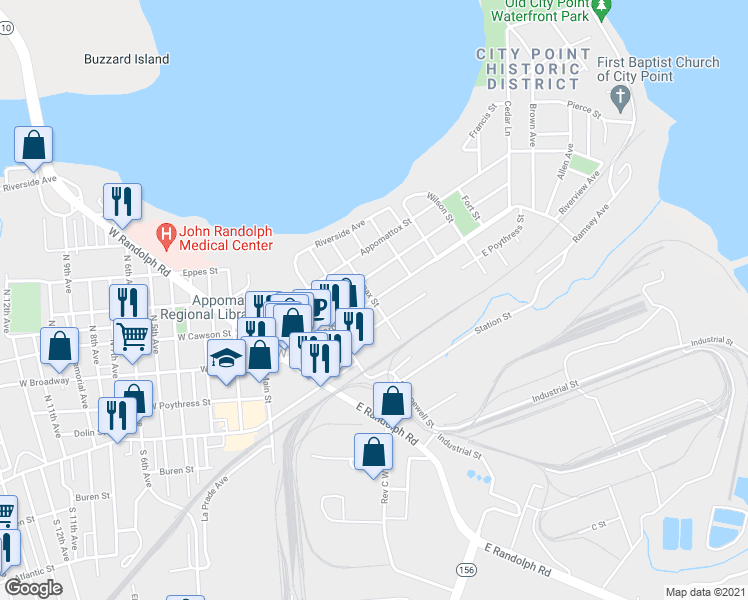 map of restaurants, bars, coffee shops, grocery stores, and more near 401 E Broadway Ave in Hopewell