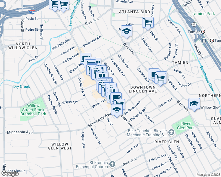 map of restaurants, bars, coffee shops, grocery stores, and more near 1265 Blewett Avenue in San Jose