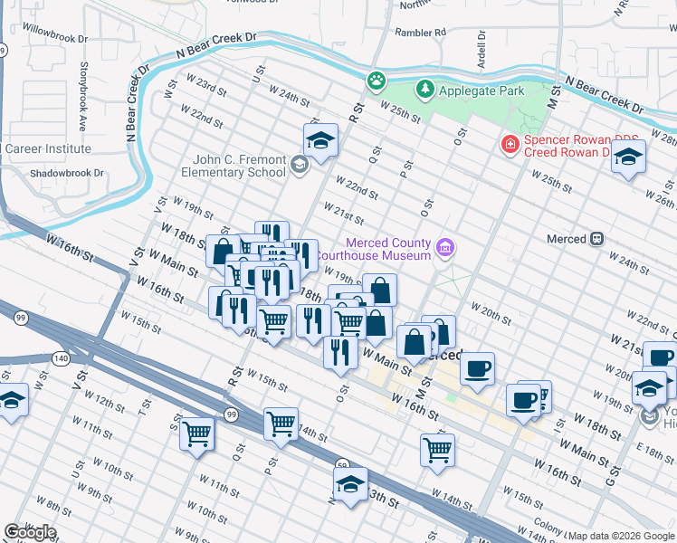 map of restaurants, bars, coffee shops, grocery stores, and more near 937 West 19th Street in Merced