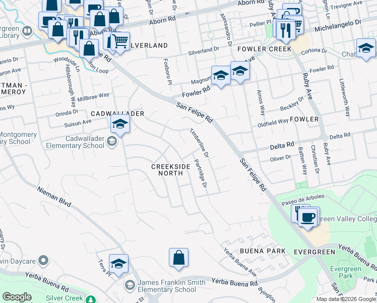 map of restaurants, bars, coffee shops, grocery stores, and more near 3894 Forester Court in San Jose