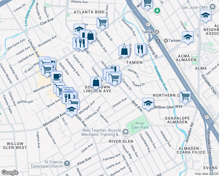 map of restaurants, bars, coffee shops, grocery stores, and more near 1409 Bird Avenue in San Jose
