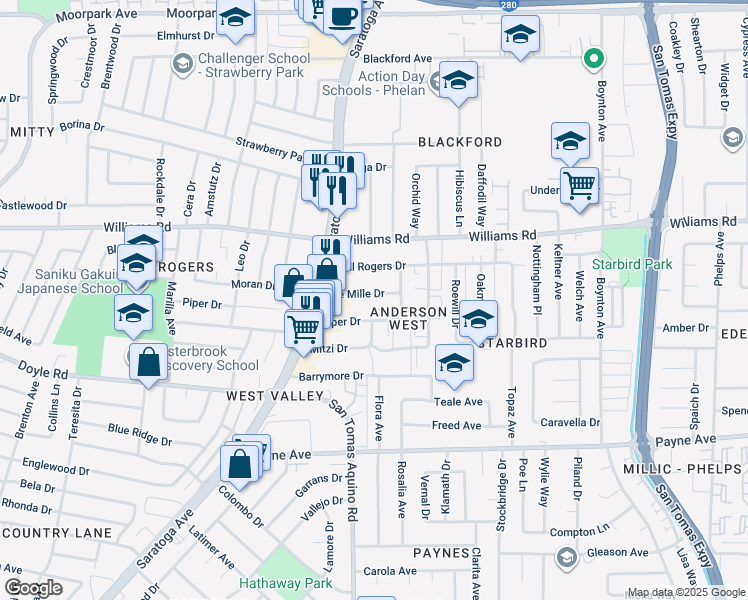 map of restaurants, bars, coffee shops, grocery stores, and more near 4125 De Mille Drive in San Jose