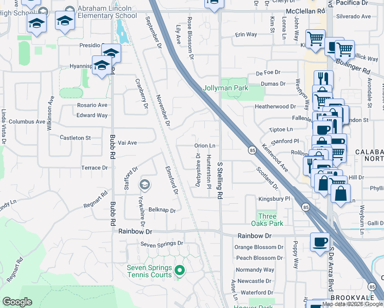 map of restaurants, bars, coffee shops, grocery stores, and more near 7842 Orion Lane in Cupertino